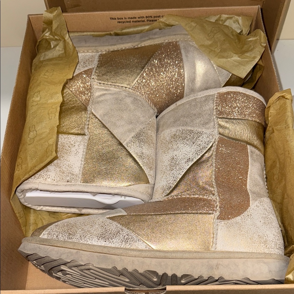 Ugg kids classic short ll patchwork gold tones size 6